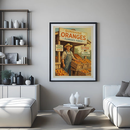 Vintage Sunshine Oranges sign with farmer and fruit crates.