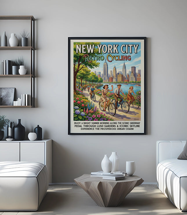 New York City Retro Cycling vintage poster in a modern living room.