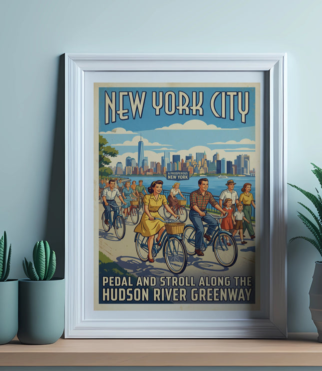 New York City poster with people cycling along the Hudson River Greenway.