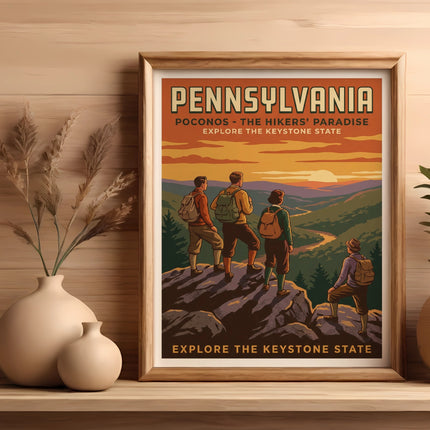 Pennsylvania Pocono hiking art with mountains and "Explore the Keystone State."