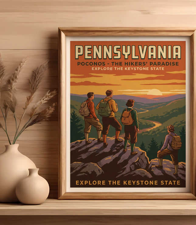 Pennsylvania Pocono hiking art with mountains and "Explore the Keystone State."