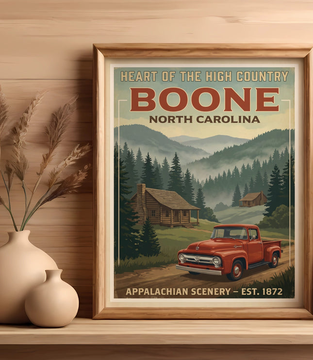 Vintage style poster of Boone, North Carolina with a red truck and cabins.