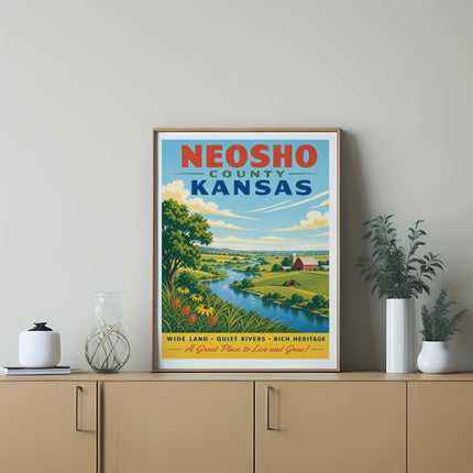 Neosho County Kansas poster with landscape and text.
