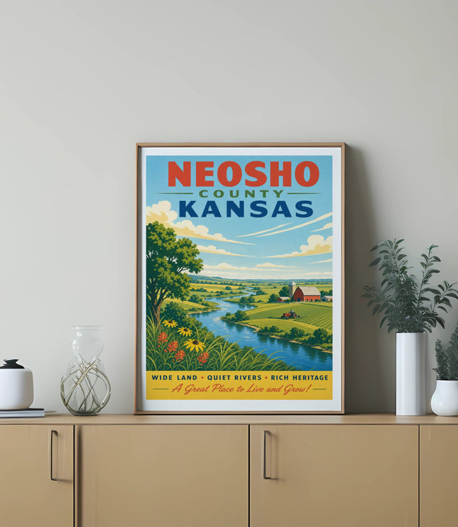 Neosho County Kansas poster with landscape and text.