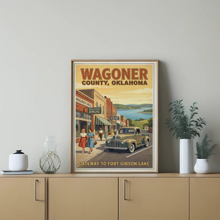 Vintage art featuring "Wagoner County, Oklahoma" text with street scene and lake.