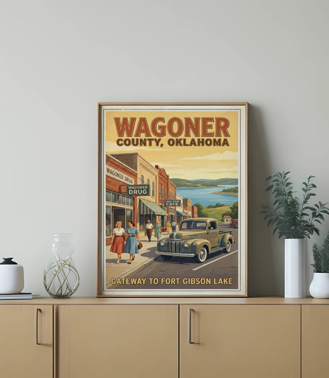 Vintage art featuring "Wagoner County, Oklahoma" text with street scene and lake.