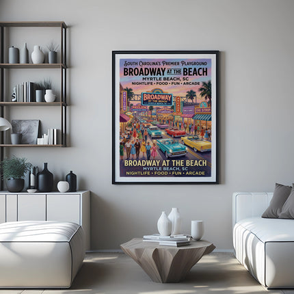Broadway at the Beach poster showing a lively street scene with cars and people.