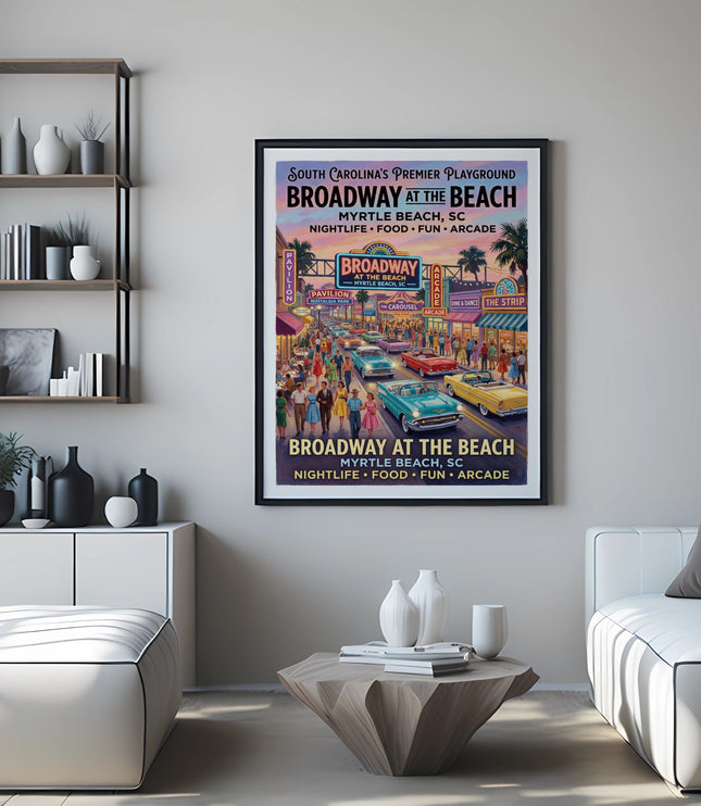 Broadway at the Beach poster showing a lively street scene with cars and people.