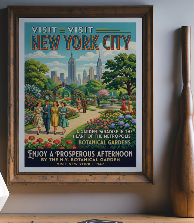 Vintage New York City Botanical Garden poster with skyline and people enjoying gardens.