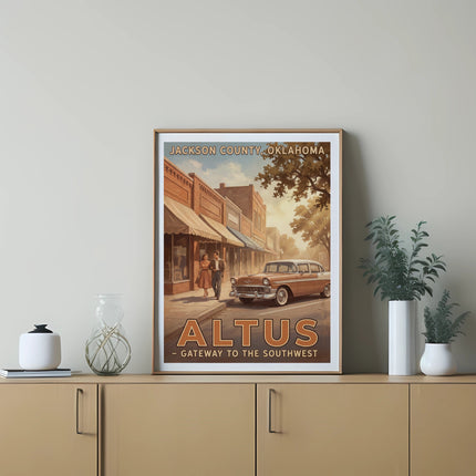 Retro poster of Altus, Oklahoma, featuring a vintage car and couple on a street.