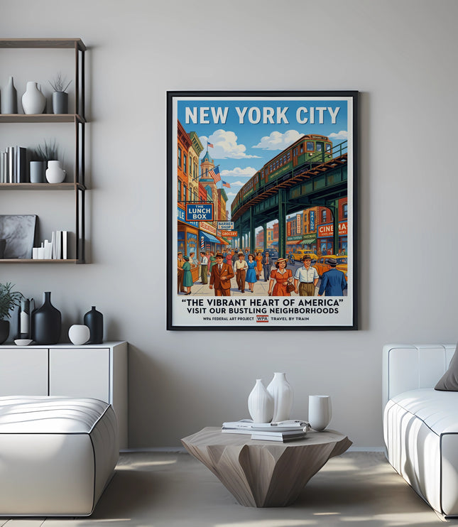 New York City vintage travel poster featuring El train and busy street.