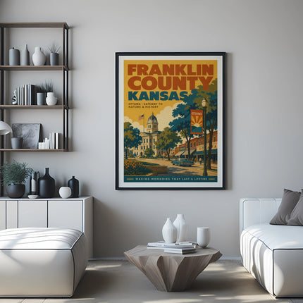 Franklin County, Kansas vintage travel poster with Ottawa cityscape.