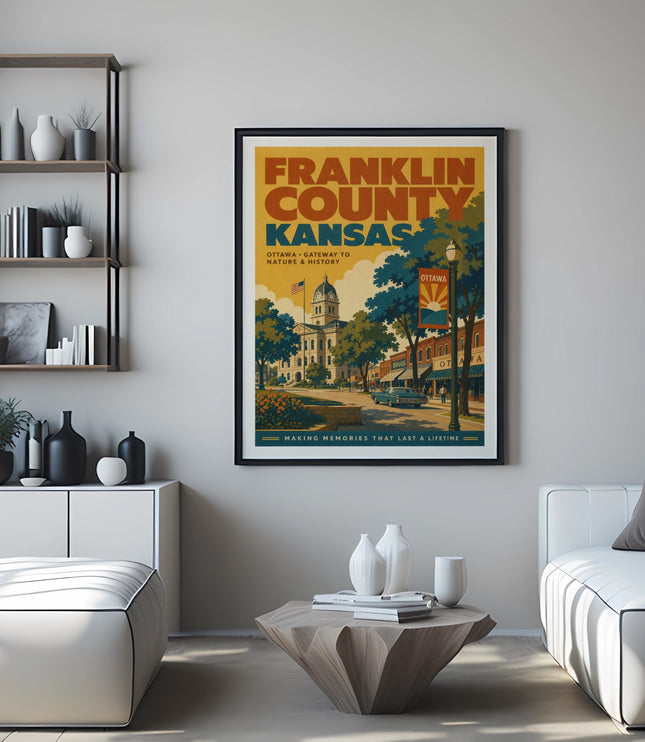 Franklin County, Kansas vintage travel poster with Ottawa cityscape.