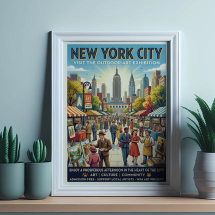 New York City outdoor art exhibition poster with cityscape and vendors.