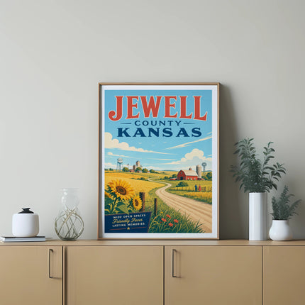Vintage poster for Jewell County, Kansas with farm scene and sunflowers.