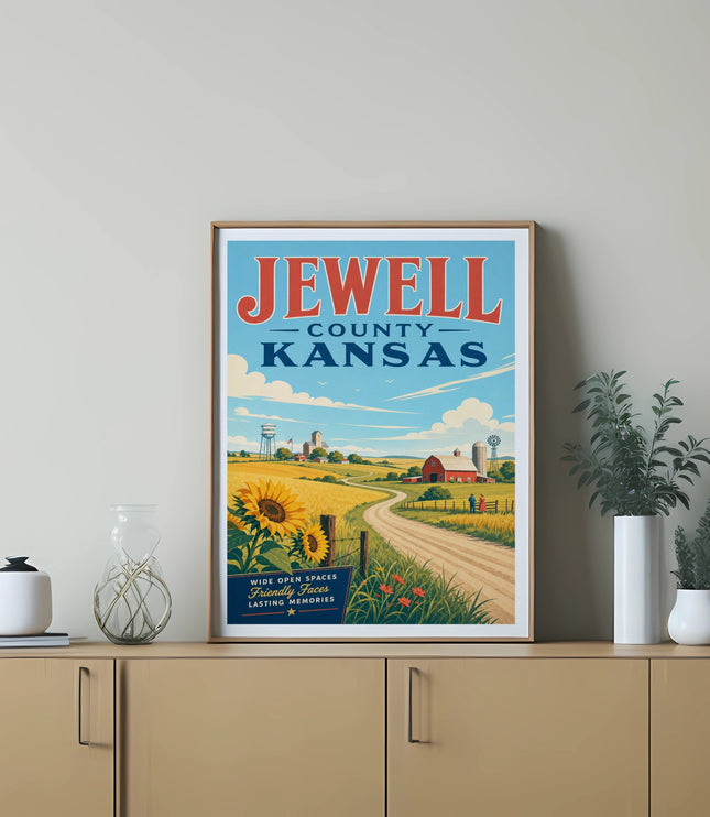 Vintage poster for Jewell County, Kansas with farm scene and sunflowers.