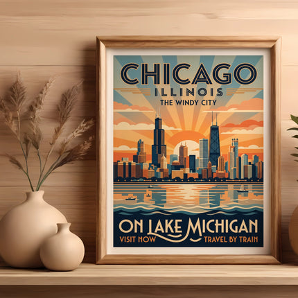 Vintage Chicago skyline poster with text "CHICAGO ILLINOIS THE WINDY CITY ON LAKE MICHIGAN".