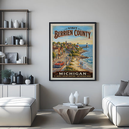 Vintage travel poster for Berrien County, Michigan, showing a coastal town with lighthouses.