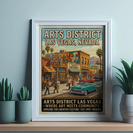 Arts District Las Vegas, Nevada poster with vintage cars and people.