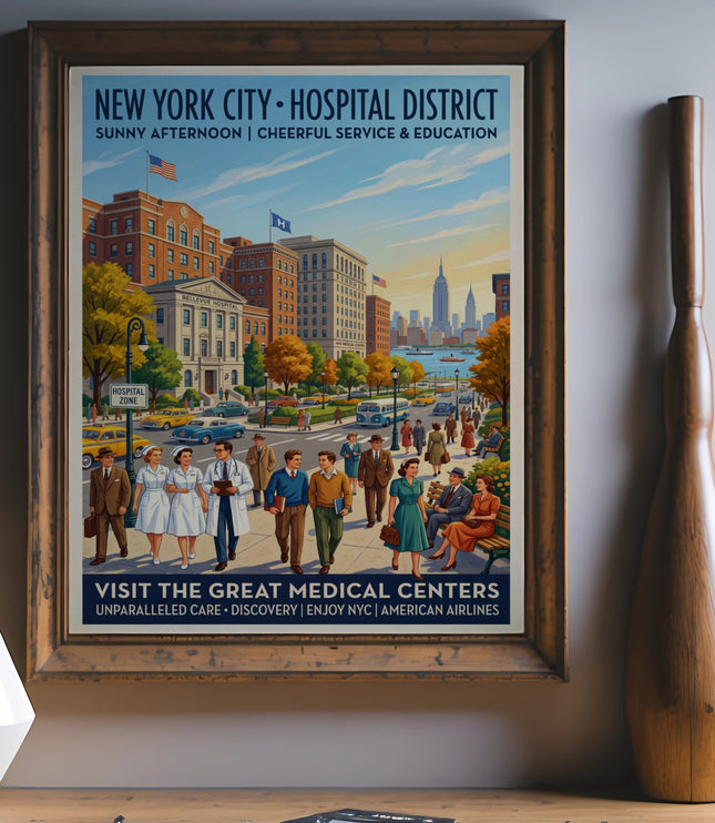 New York City Hospital District poster with Bellevue Hospital and Empire State Building.
