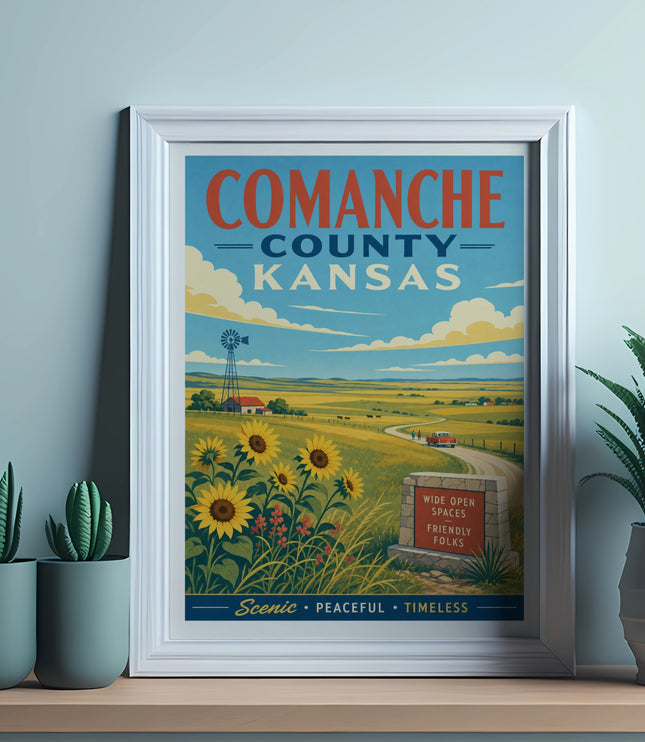 Comanche County vintage travel poster with sunflowers and windmill.