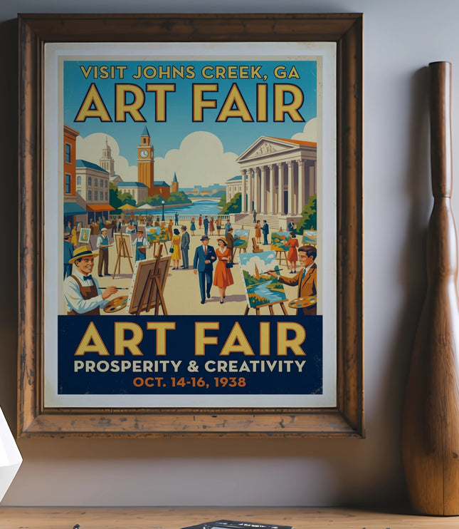Vintage Johns Creek GA Art Fair poster with "Prosperity & Creativity Oct. 14-16, 1938".