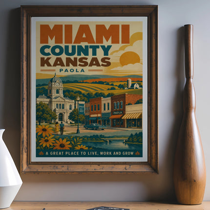 Miami County Kansas Paola vintage travel poster with buildings and fields.