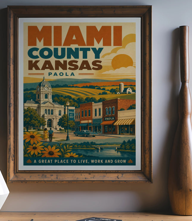 Miami County Kansas Paola vintage travel poster with buildings and fields.