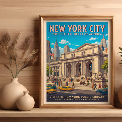 New York City Library poster with vintage cars and people.