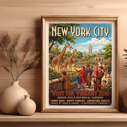 Vintage poster for Bronx Zoo featuring giraffes and families.