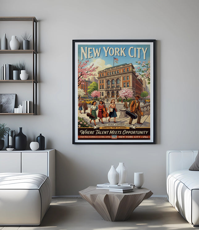 New York City WPA poster for music conservatory, with text "Where Talent Meets Opportunity".