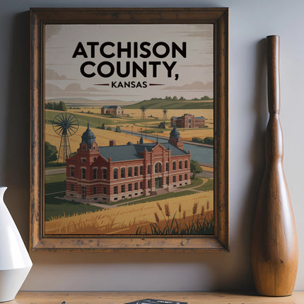 Atchison County, Kansas illustration with historic buildings and windmills.