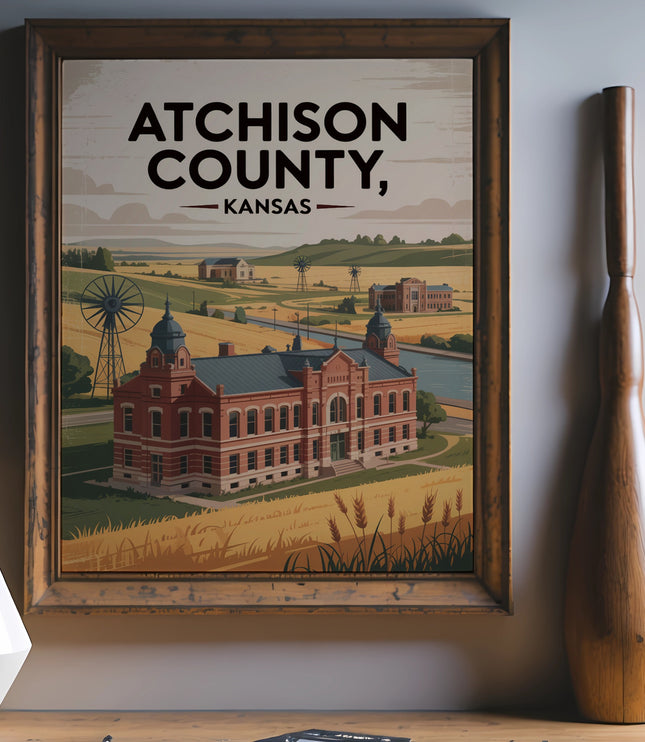 Atchison County, Kansas illustration with historic buildings and windmills.