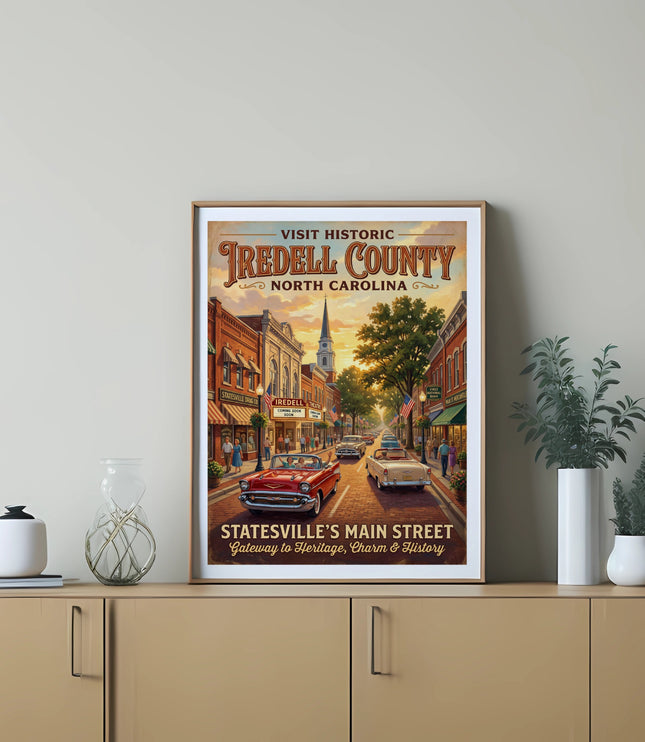 Statesville's Main Street artwork depicts vintage cars and buildings with text "Iredell County North Carolina" and "Statesville's Main Street".