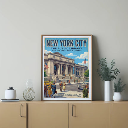 New York City The Public Library vintage travel poster with people and buildings.
