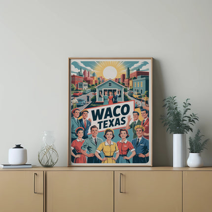 Waco Texas retro illustration of smiling people and buildings.