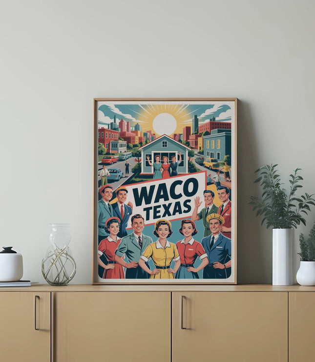 Waco Texas retro illustration of smiling people and buildings.