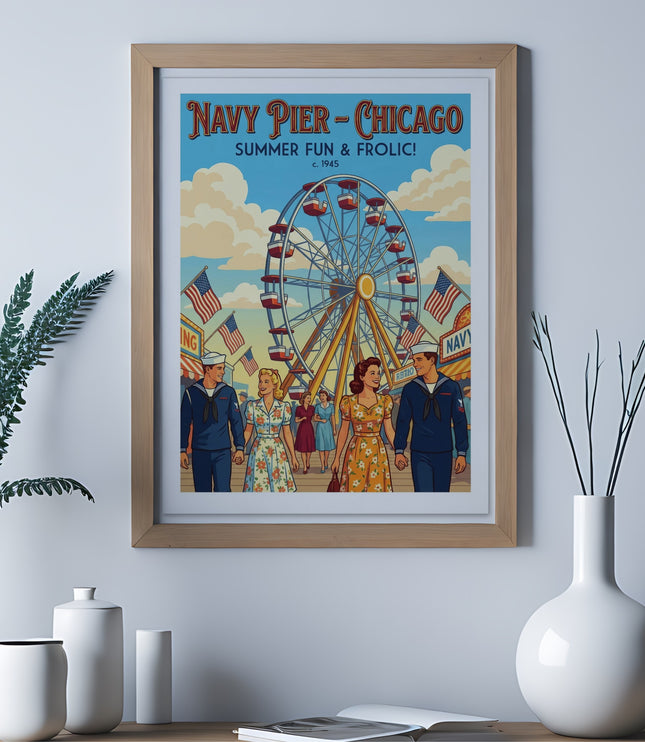 Vintage poster of Navy Pier Chicago with Ferris wheel and people, circa 1945.