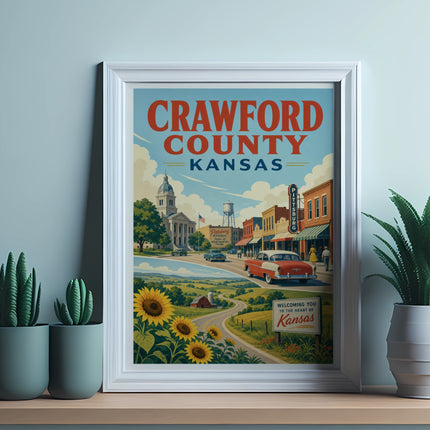 Vintage travel poster for Crawford County, Kansas, featuring sunflowers and Pittsburg.