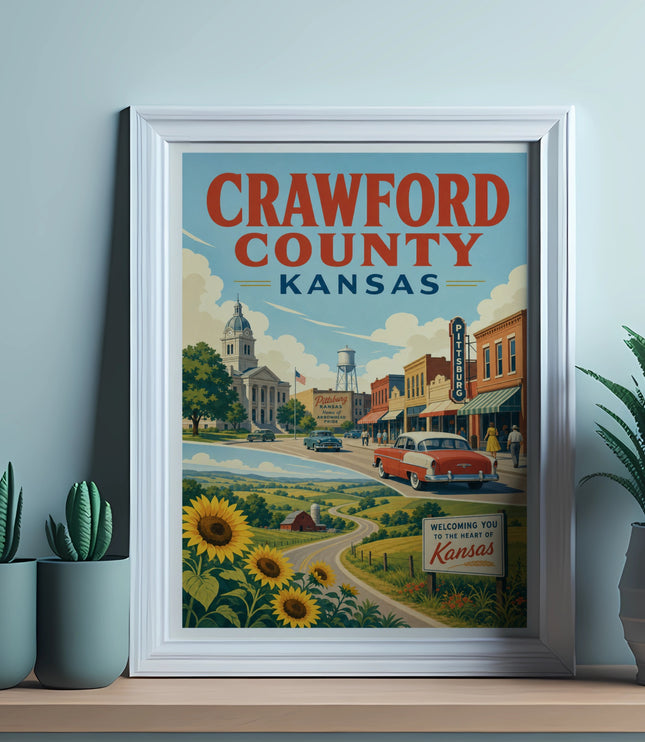 Vintage travel poster for Crawford County, Kansas, featuring sunflowers and Pittsburg.
