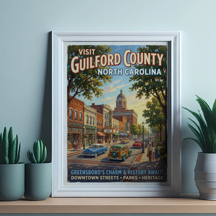 Poster of Guilford County, North Carolina, featuring downtown streets, vintage cars, and buildings.