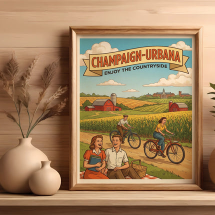 Framed vintage-style poster featuring Champaign-Urbana and people cycling through countryside.