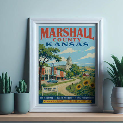 Marshall County Kansas poster with Marysville text and landscape.