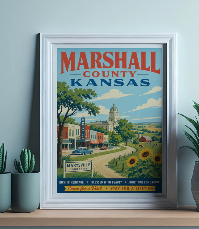 Marshall County Kansas poster with Marysville text and landscape.