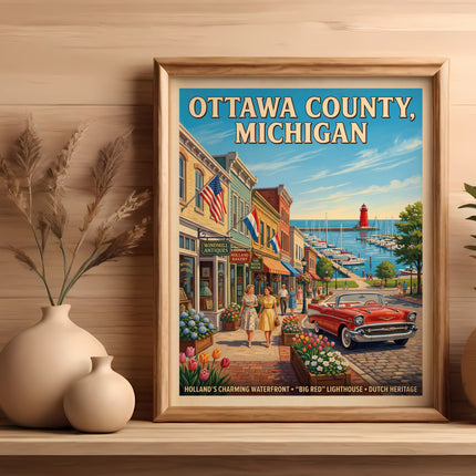 Poster of Ottawa County, Michigan showing a street scene, lighthouse, and boats.