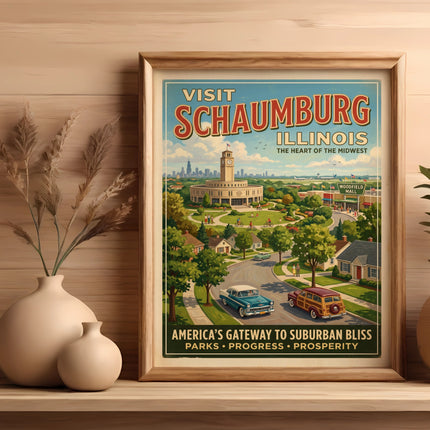 Vintage poster for Schaumburg, Illinois featuring Woodfield Mall and midwestern suburban life.