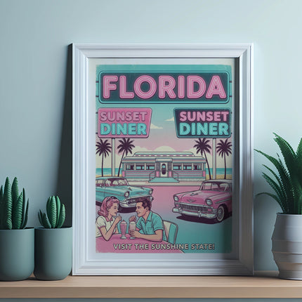 Retro Florida diner scene with classic cars and palm trees.