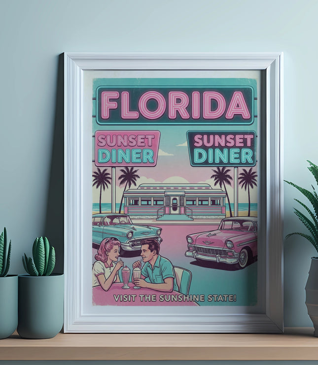 Retro Florida diner scene with classic cars and palm trees.