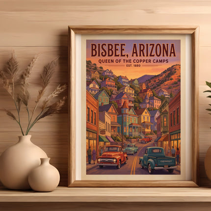 Poster of Bisbee, Arizona "Queen of the Copper Camps" with vintage cars and buildings.