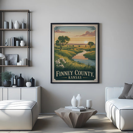 Finney County, Kansas landscape poster with river and sunset on wall.